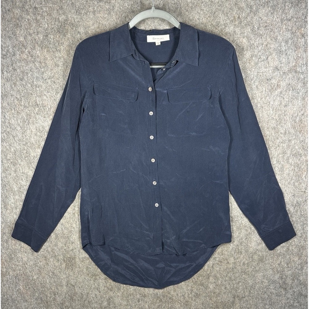 Two by Vince Camuto Womens XS Navy 100% Silk Utility Blouse Button Up Shirt